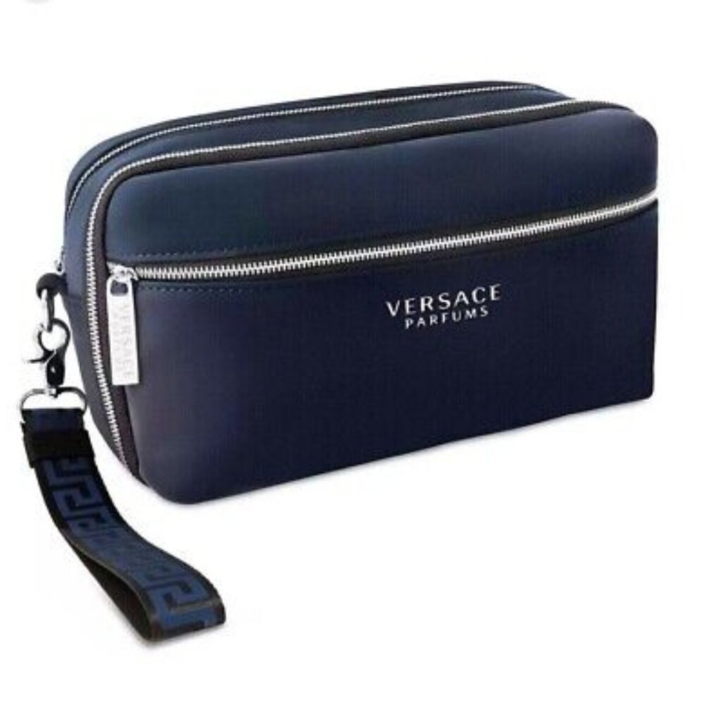 NIP VERSACE Navy Blue Dopp Kit Travel Case Toiletry Bag with Dust Bag